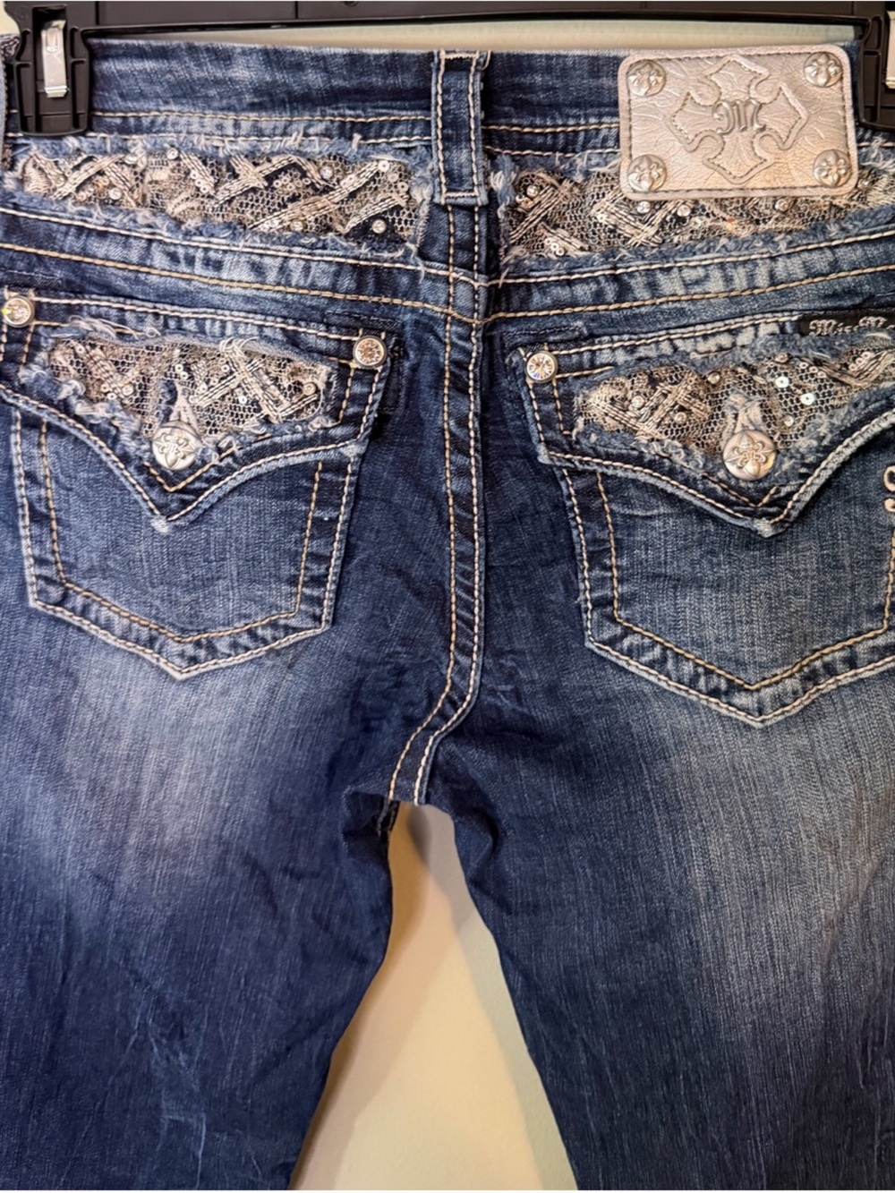 Gorgeous Miss Me Mid-Rise Easy Boot Jeans with Sequin & Lace Pockets 31” Inseam